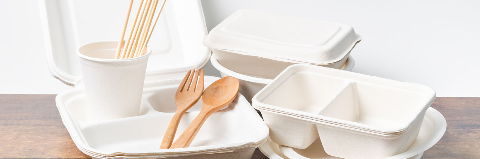 Boxes and cutlery made from fiber and wood