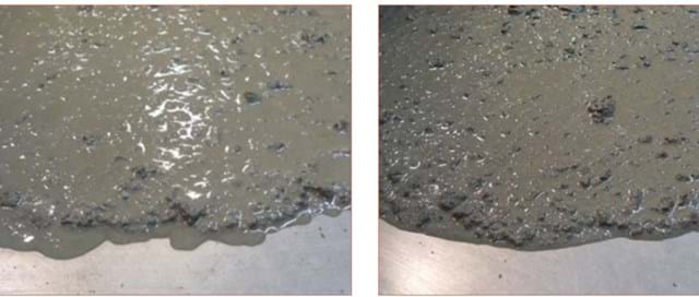 Left: Reference concrete mix at initial spread. Right: Concrete mix with 0.015% sbwc of Exilva at initial spread